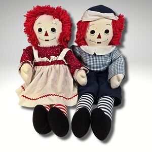 Vtg Custom Hand Made 23" Raggedy Ann Andy Pair Clothing Embroidery Cloth Dolls